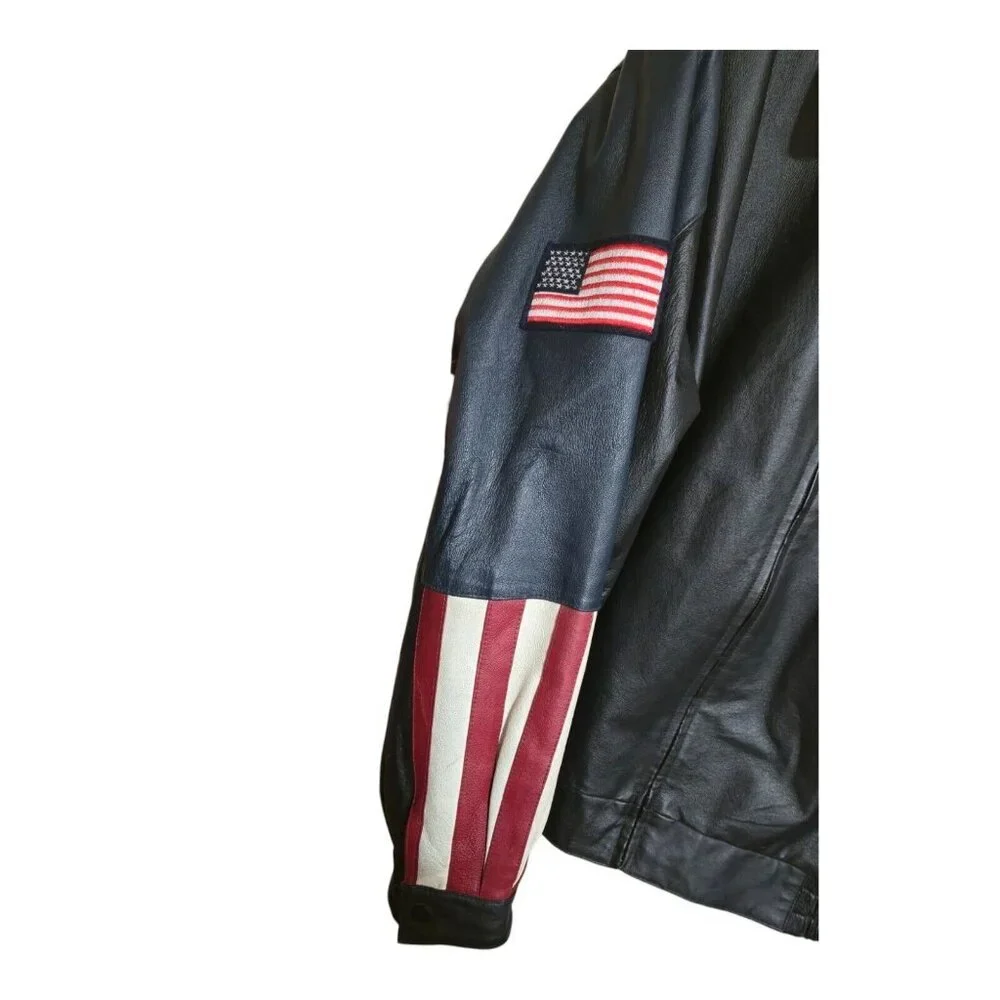American Leather Jacket Men 2XL Multicolor USA Flag Eagle Bomber Biker Oversized - Picture 5 of 16